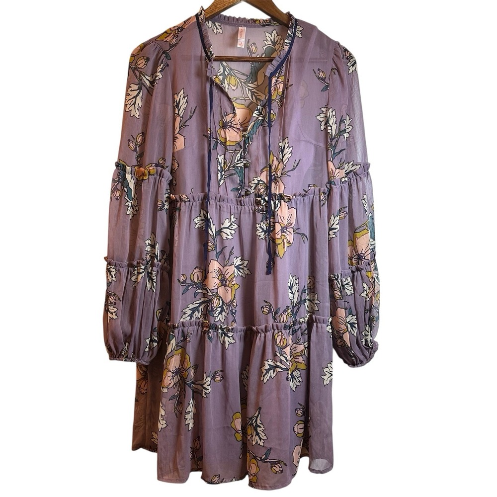 Xhilaration Purple Floral Knee Length Tiered Long Sleeve Dress Size Small